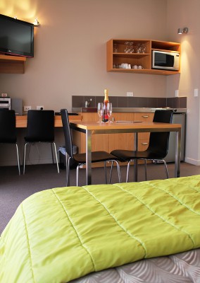 All units come with a functional kitchenette, LCD flat screen TVs, and modern amenities
